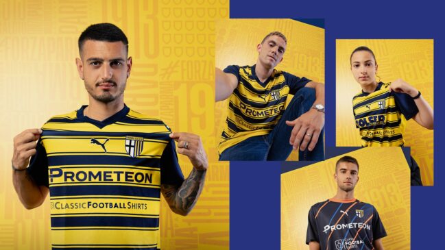 La maglia da trasferta del Parma è a righe gialloblu | FOTO